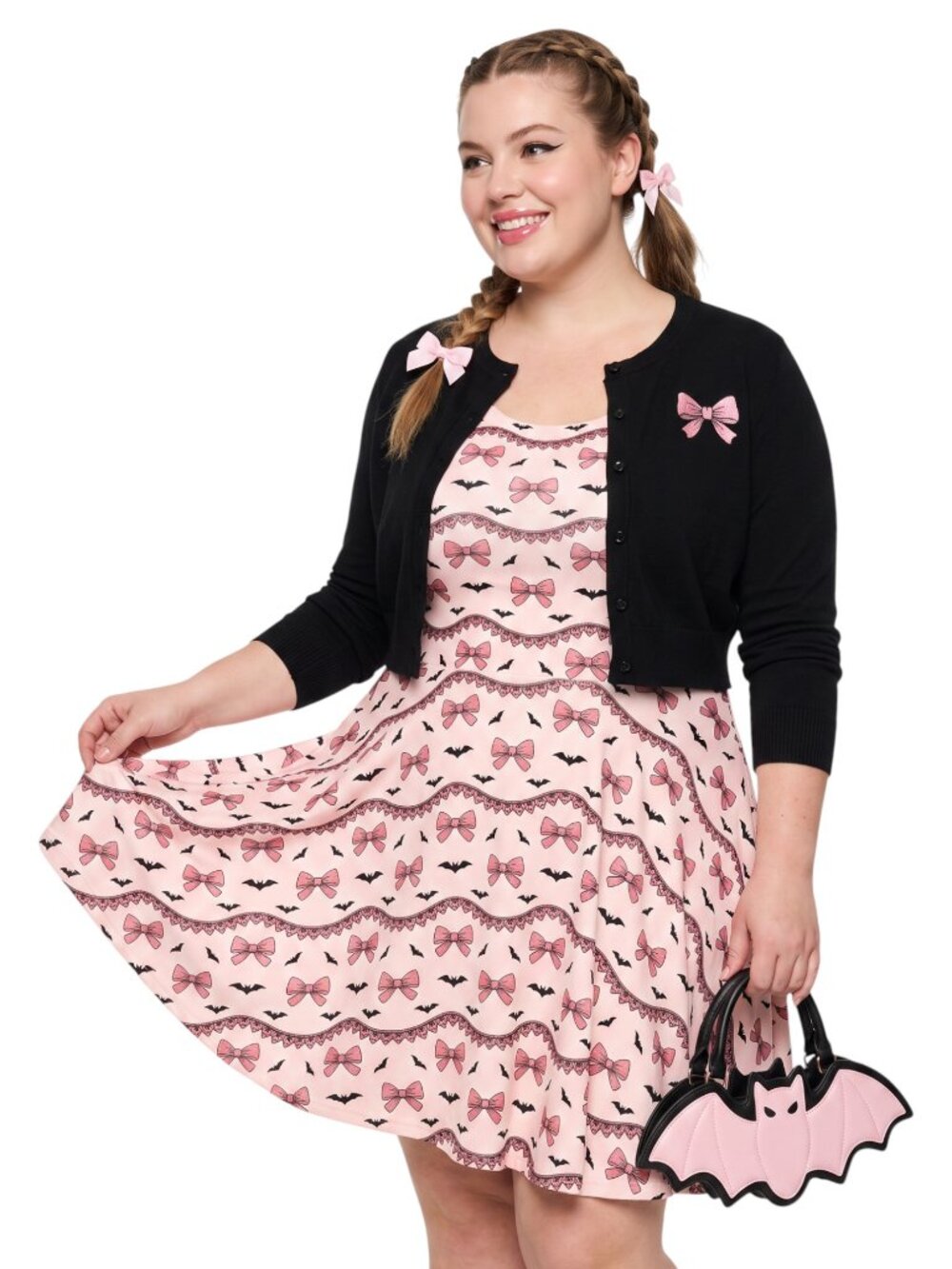 Pink Spooky Coquette Bats & Bows Pastel Goth Fit and Flare Dress